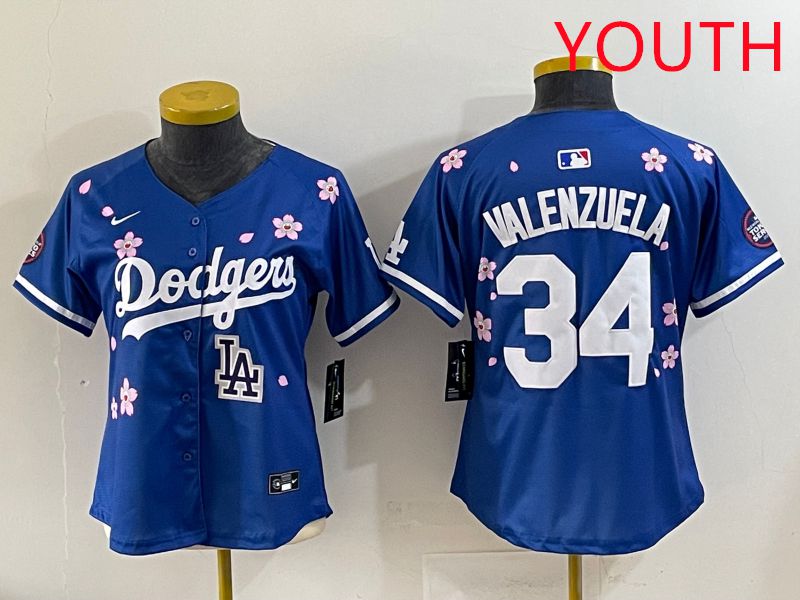Youth Los Angeles Dodgers #34 Valenzuela Blue Sakura Edition 2025 Nike MLB Jersey style 40